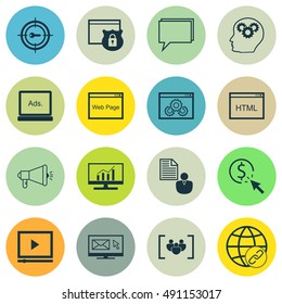 Set Of SEO, Marketing And Advertising Icons On Website Optimization, Pay Per Click, Viral Marketing And More. Premium Quality EPS10 Vector Illustration For Mobile, App, UI Design.
