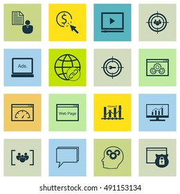 Set Of SEO, Marketing And Advertising Icons On Video Advertising, Website Protection, Client Brief And More. Premium Quality EPS10 Vector Illustration For Mobile, App, UI Design.