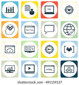 Set Of SEO, Marketing And Advertising Icons On Target Keywords, Client Brief, Display Advertising And More. Premium Quality EPS10 Vector Illustration For Mobile, App, UI Design.