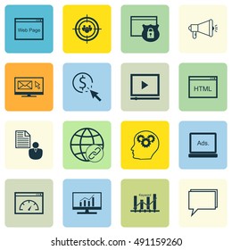Set Of SEO, Marketing And Advertising Icons On Website Protection, Web Page, Online Consulting And More. Premium Quality EPS10 Vector Illustration For Mobile, App, UI Design.