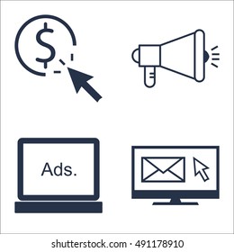Set Of SEO, Marketing And Advertising Icons On Pay Per Click, Viral Promotion, Email Advertising And More. Premium Quality EPS10 Vector Illustration For Mobile, App, UI Design.