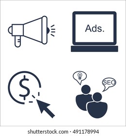 Set Of SEO, Marketing And Advertising Icons On Display Advertising, Viral Marketing, SEO Consulting And More. Premium Quality EPS10 Vector Illustration For Mobile, App, UI Design.