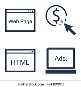 Set Of SEO, Marketing And Advertising Icons On Pay Per Click, Html Code, Web Page And More. Premium Quality EPS10 Vector Illustration For Mobile, App, UI Design.