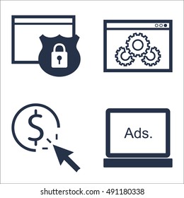 Set Of SEO, Marketing And Advertising Icons On Website Optimization, Website Protection, Display Advertising And More. Premium Quality EPS10 Vector Illustration For Mobile, App, UI Design.