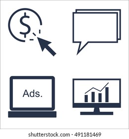 Set Of SEO, Marketing And Advertising Icons On Comprehensive Analytics, Online Consulting, Display Advertising And More. Premium Quality EPS10 Vector Illustration For Mobile, App, UI Design.