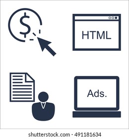 Set Of SEO, Marketing And Advertising Icons On Display Advertising, Pay Per Click, Client Brief And More. Premium Quality EPS10 Vector Illustration For Mobile, App, UI Design.