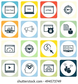 Set Of SEO, Marketing And Advertising Icons On Email Marketing, Viral Marketing, Web Page And More. Premium Quality EPS10 Vector Illustration For Mobile, App, UI Design.