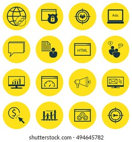 Set Of SEO, Marketing And Advertising Icons On HTML Code, Pay Per Click, Comprehensive Analytics And More. Premium Quality EPS10 Vector Illustration For Mobile, App, UI Design.