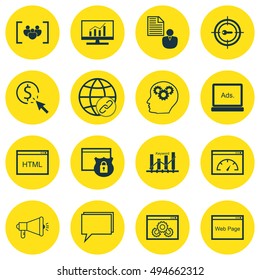 Set Of SEO, Marketing And Advertising Icons On Focus Group, Online Consulting, Keyword Ranking And More. Premium Quality EPS10 Vector Illustration For Mobile, App, UI Design.