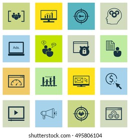 Set Of SEO, Marketing And Advertising Icons On SEO Brainstorm, Questionnaire, Keyword Optimisation And More. Includes Focus Group, SEO Brainstorm, Brain Process And Other Vector Icons.