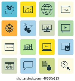 Set Of SEO, Marketing And Advertising Icons On Website, Report, Video Player And More. Includes Conference, Brain Process, Report And Other Vector Icons.