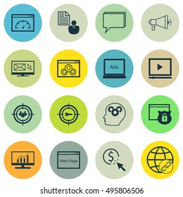 Set Of SEO, Marketing And Advertising Icons On Report, PPC, Brain Process And More. Includes Digital Media, Keyword Marketing, Security And Other Vector Icons.