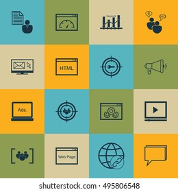 Set Of SEO, Marketing And Advertising Icons On Newsletter, Website Performance, SEO Brainstorm And More. Includes Newsletter, Loading Speed, Video Player And Other Vector Icons.