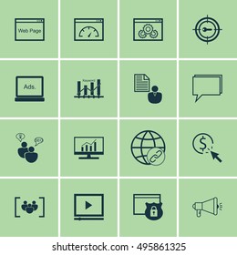 Set Of SEO, Marketing And Advertising Icons On Website Performance, Website, Loading Speed And More. Includes SEO Brainstorm, Digital Media, Market Research And Other Vector Icons.