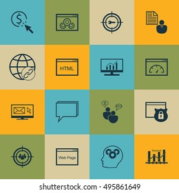 Set Of SEO, Marketing And Advertising Icons On Coding, Newsletter, Keyword Marketing And More. Includes Website Performance, SEO Brainstorm, Market Research And Other Vector Icons.