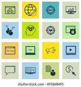 Set Of SEO, Marketing And Advertising Icons On Security, Newsletter, Website Performance And More. Includes Newsletter, Keyword Marketing, Brain Process And Other Vector Icons.