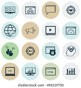 Set Of SEO, Marketing And Advertising Icons On Keyword Optimisation, Connectivity, Security And More. Includes Loading Speed, Keyword Marketing, SEO Brainstorm And Other Vector Icons.