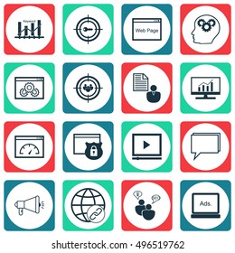 Set Of SEO, Marketing And Advertising Icons On Connectivity, Video Player, Digital Media And More. Includes Website, Video Player, Keyword Optimisation And Other Vector Icons.