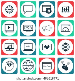 Set Of SEO, Marketing And Advertising Icons On Focus Group, Keyword Marketing, Website And More. Includes Brain Process, Digital Media, Website And Other Vector Icons.