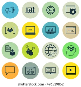 Set Of SEO, Marketing And Advertising Icons On Media Campaign, Keyword Optimisation, Questionnaire And More. Includes Security, Coding, Media Campaign And Other Vector Icons.