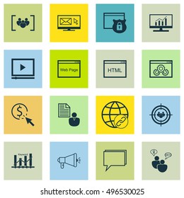 Set Of SEO, Marketing And Advertising Icons On Connectivity, Website Performance, Conference And More. Includes Security, Website, Media Campaign And Other Vector Icons.