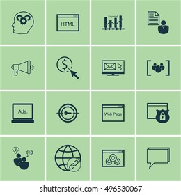 Set Of SEO, Marketing And Advertising Icons On Media Campaign, Digital Media, Conference And More. Includes Keyword Marketing, Report, Keyword Optimisation And Other Vector Icons.