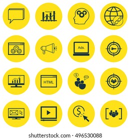 Set Of SEO, Marketing And Advertising Icons On Newsletter, Media Campaign, Market Research And More. Includes Connectivity, Website Performance, Questionnaire And Other Vector Icons.
