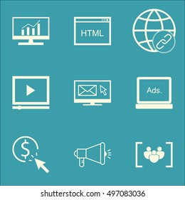 Set Of SEO, Marketing And Advertising Icons On Newsletter, PPC, Video Player And More. Includes Market Research, Coding, Video Player And Other Vector Icons.