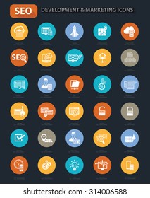 Set of SEO Marketing and Development icon set on buttons,clean vector