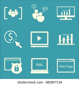 Set Of SEO, Marketing Icons On Video Advertising, Keyword Ranking, Website Protection And More. Premium Quality EPS10 Vector Illustration For Mobile, App, UI Design.