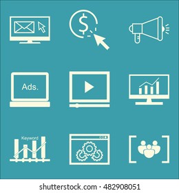 Set Of SEO, Marketing Icons On Display Advertising, Website Optimization, Video And More. Premium Quality EPS10 Vector Illustration For Mobile, App, UI Design.