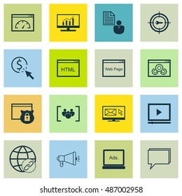 Set Of SEO, Marketing Icons On Target Keywords, Video Advertising, Website Protection And More. Premium Quality EPS10 Vector Illustration For Mobile, App, UI Design.