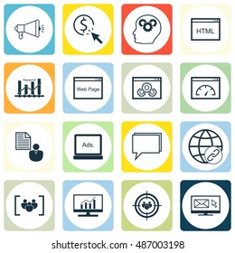 Set Of SEO, Marketing Icons On Display Advertising, Client Brief, HTML Code And More. Premium Quality EPS10 Vector Illustration For Mobile, App, UI Design.