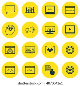 Set Of SEO, Marketing Icons On Comprehensive Analytics, Creativity, Video Advertising And More. Premium Quality EPS10 Vector Illustration For Mobile, App, UI Design.