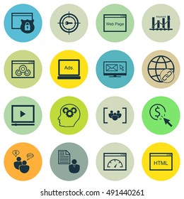 Set Of SEO, Marketing Icons On Video Advertising, Display, Focus Group And More. Premium Quality EPS10 Vector Illustration For Mobile, App, UI Design.