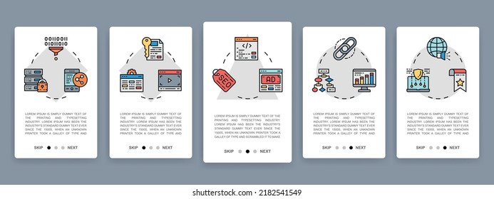 Conjunto de pantallas de aplicaciones móviles SEO. Marcador, Hosting, Hyperlink, Publicidad, Banners verticales de datos con iconos de línea de color. Plantilla de diseño de pancartas.
