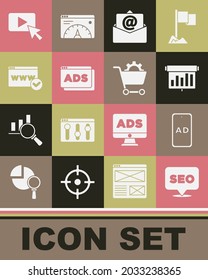 Set SEO optimization, Advertising, Board with graph chart, Mail and e-mail, Website template,  and Shopping cart icon. Vector