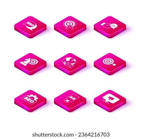 Set SEO optimization, Advertising, Chess, Earth globe with mail, Dislike speech bubble, Target, Customer product rating and  icon. Vector