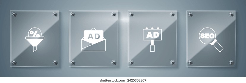 Set SEO optimization, Advertising,  and Lead management. Square glass panels. Vector