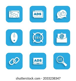 Establezca la optimización SEO, la publicidad, la lupa y el análisis, el correo electrónico de correo, el enlace de cadena, el ratón de ordenador, la calificación de productos del cliente y el icono de configuración del navegador. Vector
