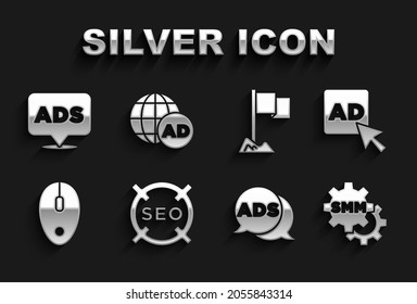 Set SEO optimization, Advertising, Social media marketing, Computer mouse, Location marker,  and  icon. Vector