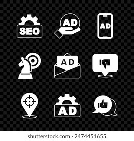 Set SEO optimization, Advertising, Target, Customer product rating, Chess and  icon. Vector