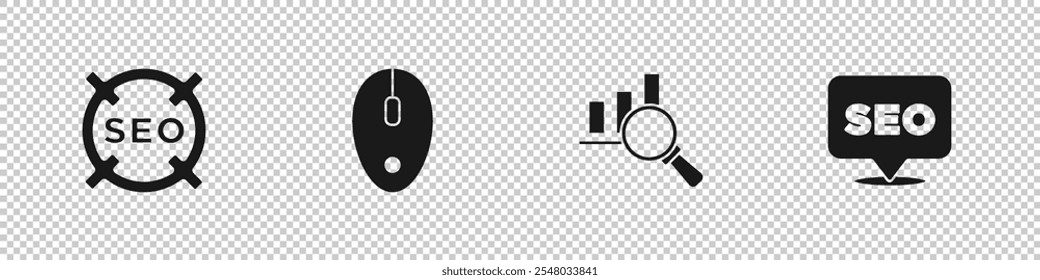 Set SEO optimization, Computer mouse, Magnifying glass and analysis and  icon. Vector