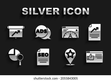 Set SEO optimization, Document with graph chart, Browser window, Map pointer star, Magnifying glass and analysis, Website statistic, Board and Advertising icon. Vector