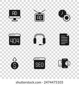 Set SEO optimization, File document, Mobile with dollar, Headphones, Time management, Advertising,  and Page 404 error icon. Vector