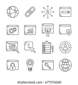 Set of SEO optimization Related Vector Line Icons. Includes such icons as search engine, web site, ranking, top, promotion 