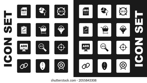 Set SEO optimization, Shopping cart and dollar, Clipboard with graph chart, Lead management, Magnifying glass analysis, Target sport and Advertising icon. Vector