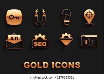 Set SEO optimization, Target, Customer product rating, Sales funnel with gear, Advertising, Light bulb concept of idea, Key and Magnet icon. Vector
