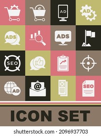 Set SEO optimization, Target sport, Location marker, Advertising, Magnifying glass and analysis, Shopping cart and  icon. Vector