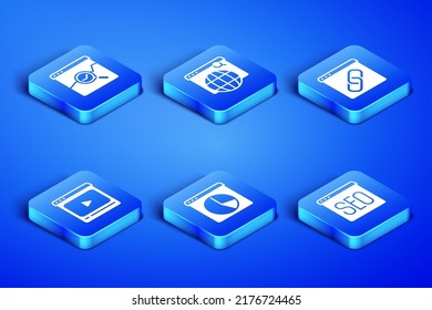Set SEO optimization, Website with stocks market, Graph chart infographic, Online play video, Search engine and Browser window icon. Vector